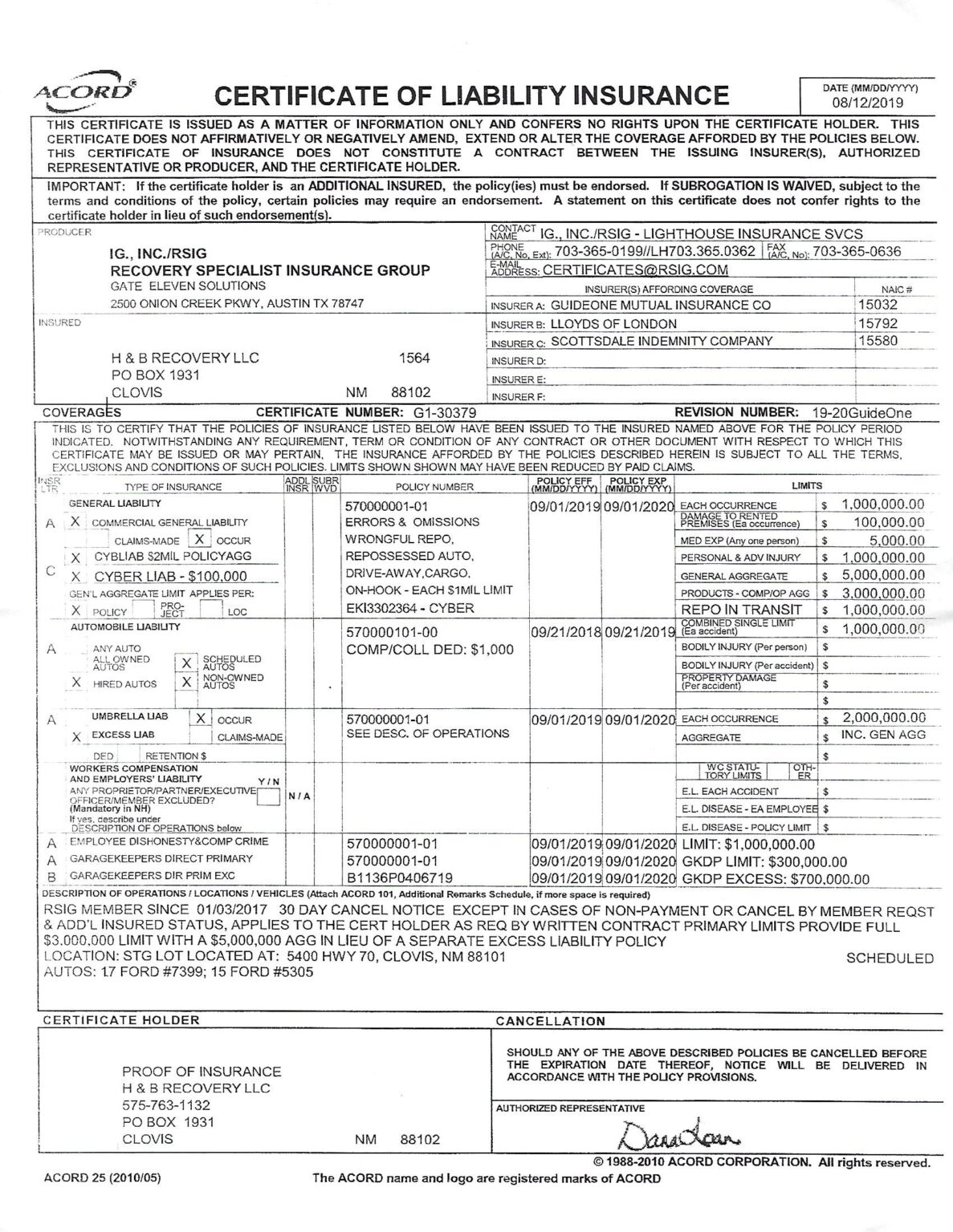 License Documentation | H&B Recovery Services